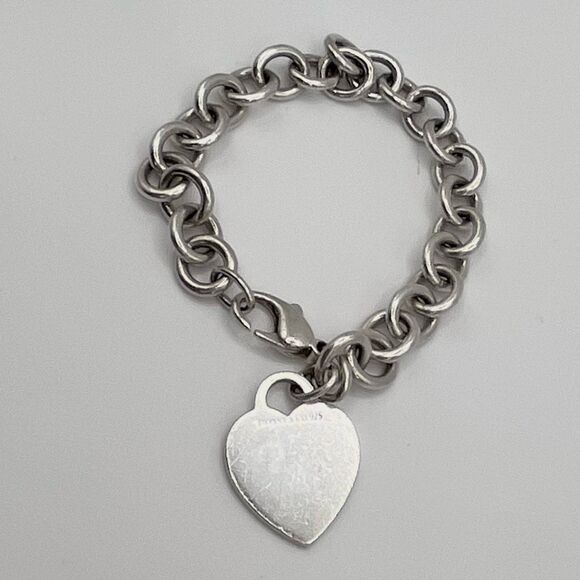 Tiffany & Co. Blank Heart Tag Charm Bracelet 8" Sterling Silver Round Link - Picture 14 of 14